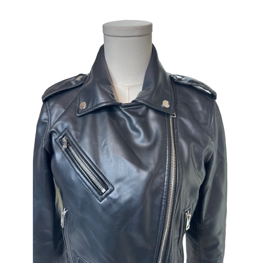 NWOT ZARA M Black Faux Leather Biker Jacket Zipper Details & Epaulettes - Picture 3 of 14